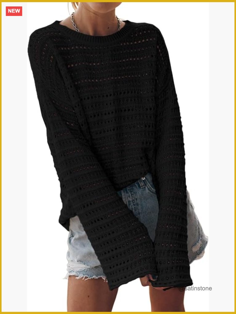 Lightweight Crochet Knit Pullover Sweater - Long Sleeve Hollow Out